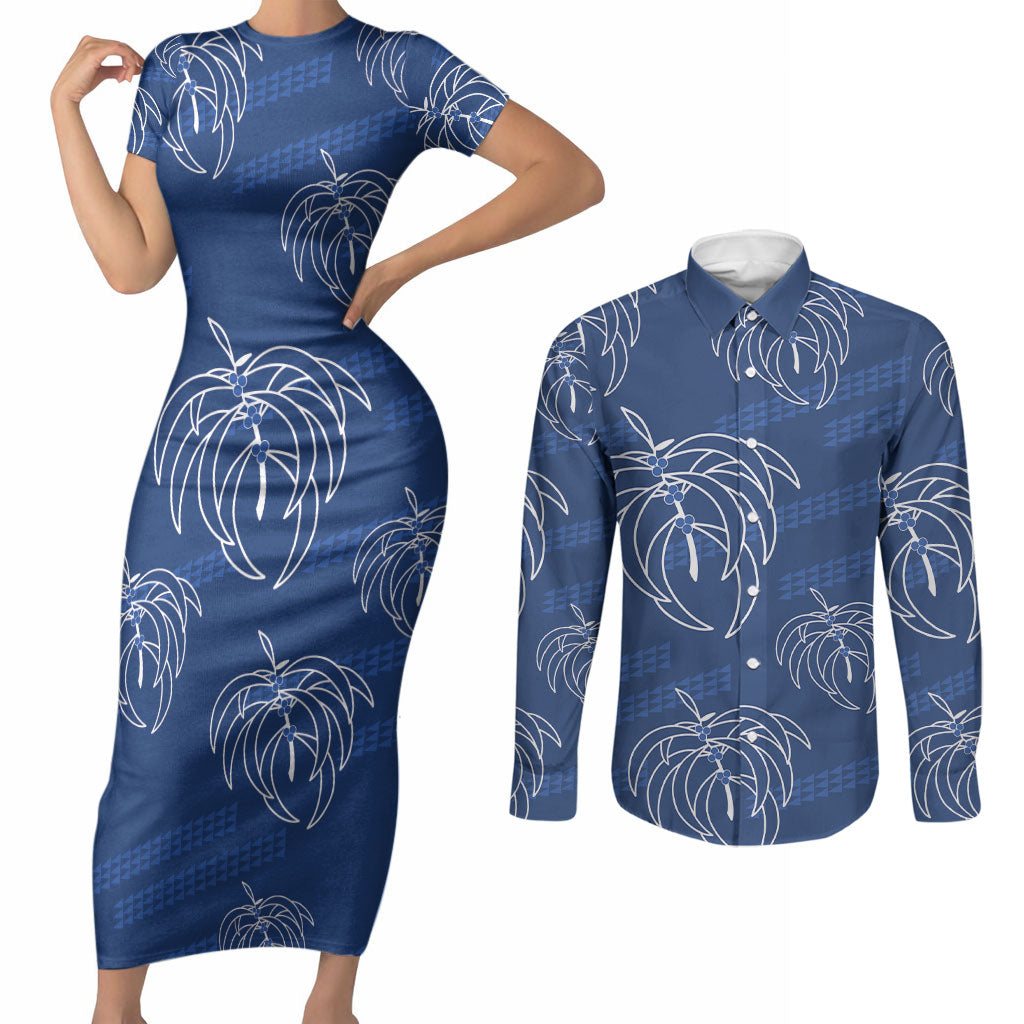 Aloha Hawaii Acacia Koa Leaves Couples Matching Short Sleeve Bodycon Dress and Long Sleeve Button Shirt Navy Kakau Tribal Pattern