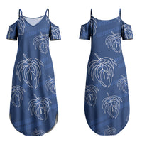 Aloha Hawaii Acacia Koa Leaves Couples Matching Summer Maxi Dress and Long Sleeve Button Shirt Navy Kakau Tribal Pattern LT05 - Polynesian Pride