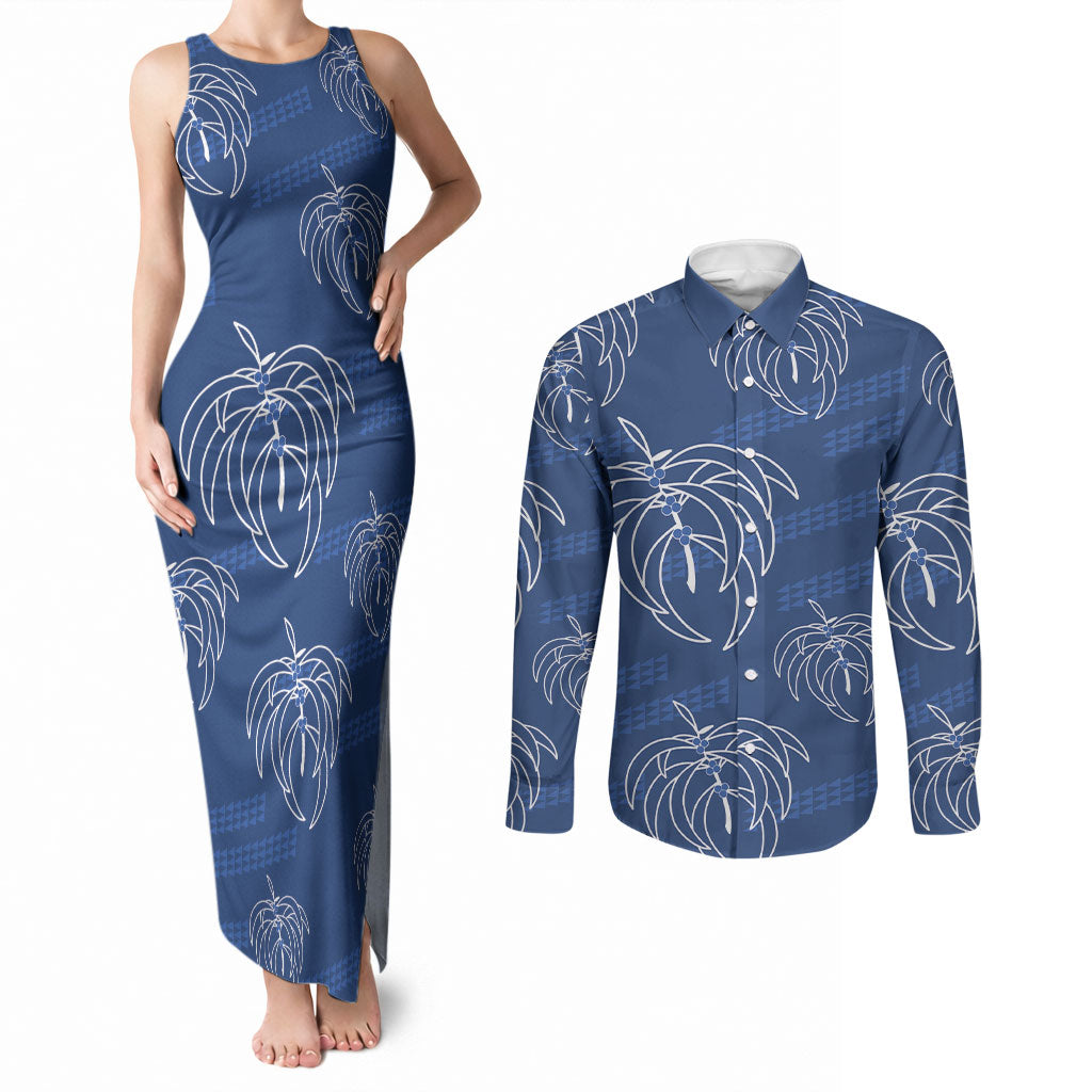 Aloha Hawaii Acacia Koa Leaves Couples Matching Tank Maxi Dress and Long Sleeve Button Shirt Navy Kakau Tribal Pattern LT05 Navy - Polynesian Pride