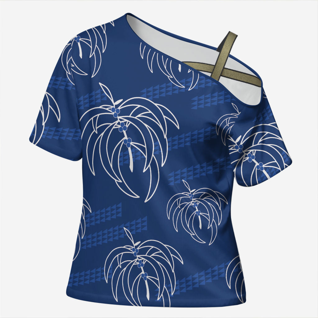 Aloha Hawaii Acacia Koa Leaves Cross Shoulder Shirt Navy Kakau Tribal Pattern LT05 Female Navy - Polynesian Pride