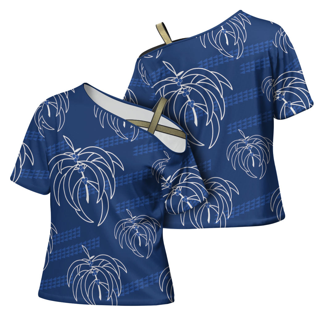 Aloha Hawaii Acacia Koa Leaves Cross Shoulder Shirt Navy Kakau Tribal Pattern LT05 - Polynesian Pride