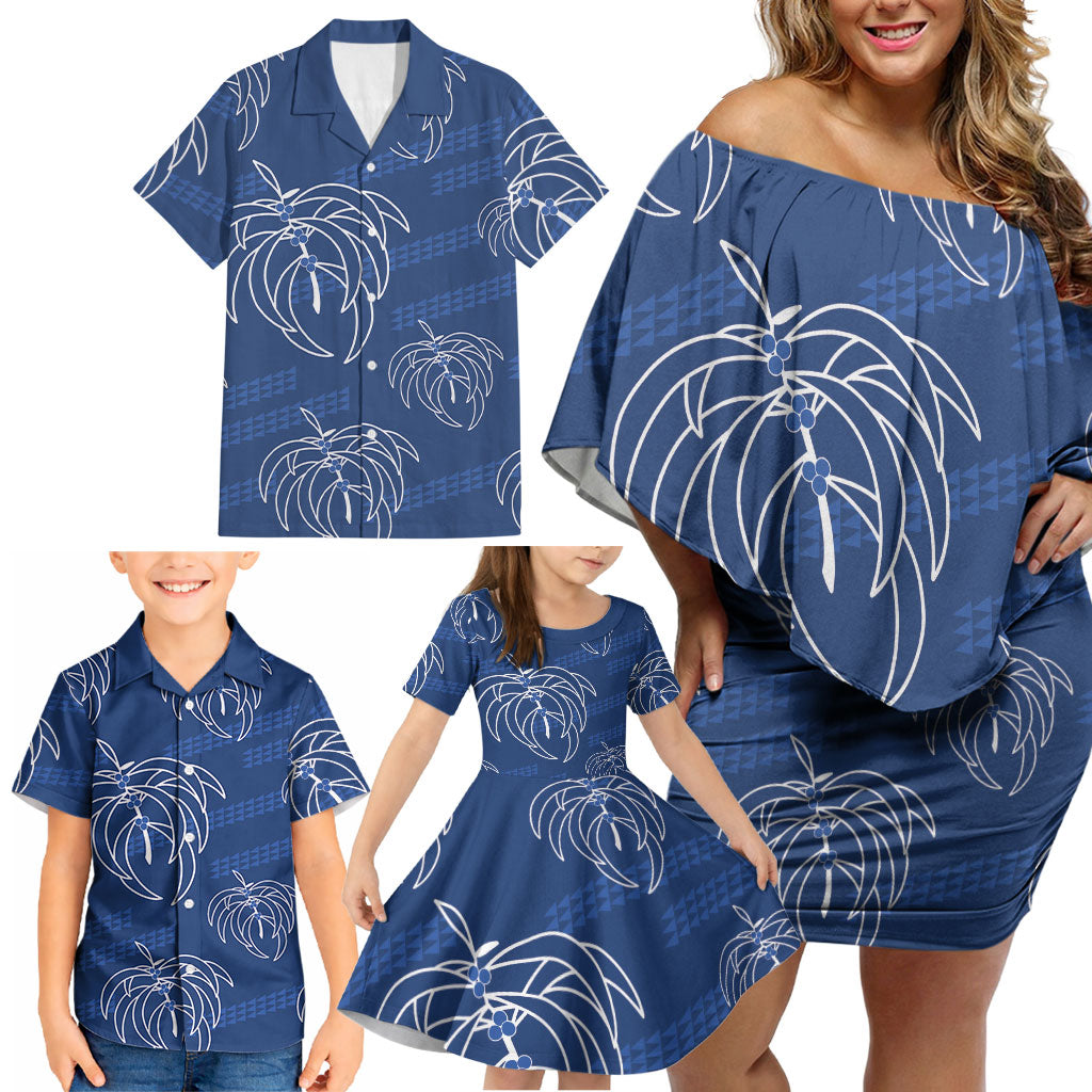 Aloha Hawaii Acacia Koa Leaves Family Matching Off Shoulder Short Dress and Hawaiian Shirt Navy Kakau Tribal Pattern LT05 - Polynesian Pride
