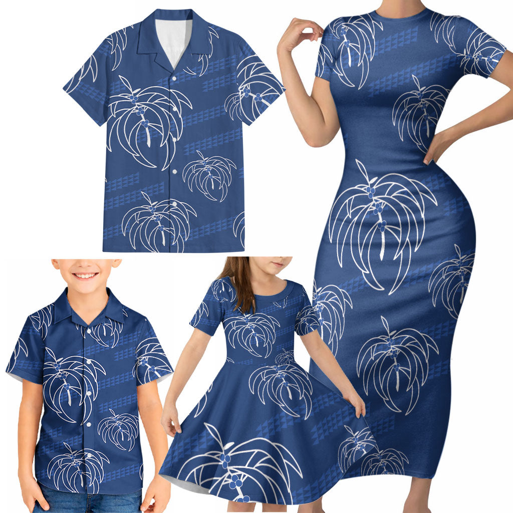 Aloha Hawaii Acacia Koa Leaves Family Matching Short Sleeve Bodycon Dress and Hawaiian Shirt Navy Kakau Tribal Pattern LT05 - Polynesian Pride