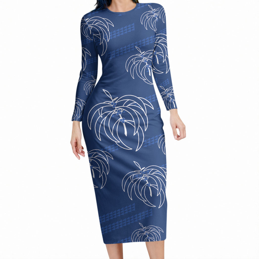 Aloha Hawaii Acacia Koa Leaves Long Sleeve Bodycon Dress Navy Kakau Tribal Pattern