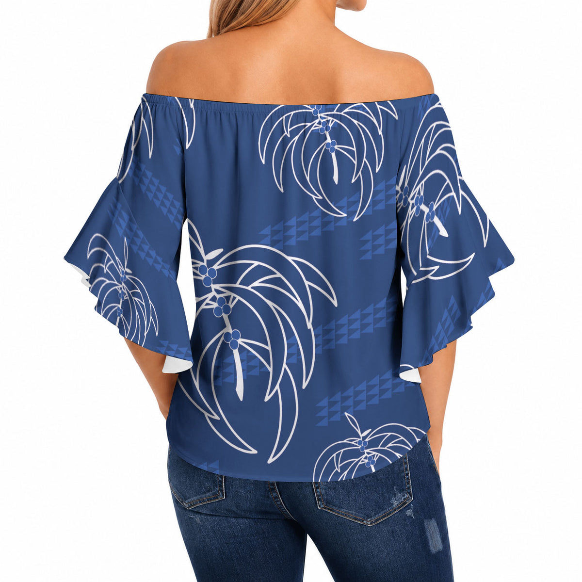 Aloha Hawaii Acacia Koa Leaves Off Shoulder Wrap Waist Top Navy Kakau Tribal Pattern LT05 - Polynesian Pride