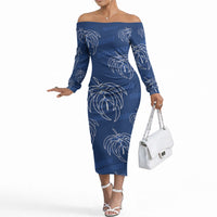 Aloha Hawaii Acacia Koa Leaves Off The Shoulder Long Sleeve Dress Navy Kakau Tribal Pattern LT05 Women Navy - Polynesian Pride