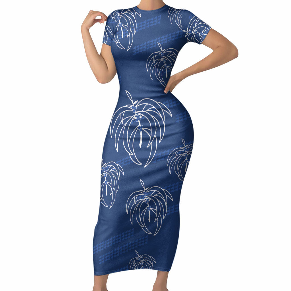 Aloha Hawaii Acacia Koa Leaves Short Sleeve Bodycon Dress Navy Kakau Tribal Pattern LT05 Long Dress Navy - Polynesian Pride