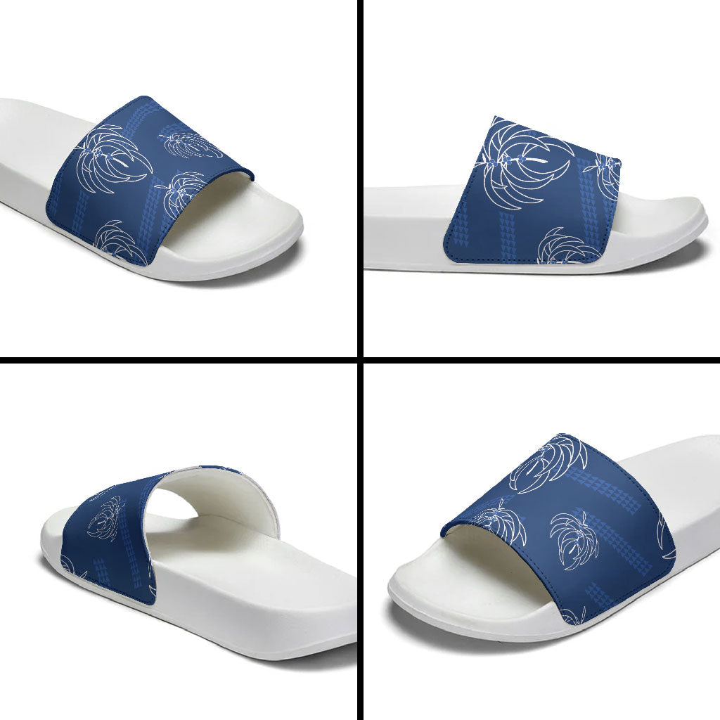 Aloha Hawaii Acacia Koa Leaves Slide Sandals Navy Kakau Tribal Pattern LT05 - Polynesian Pride