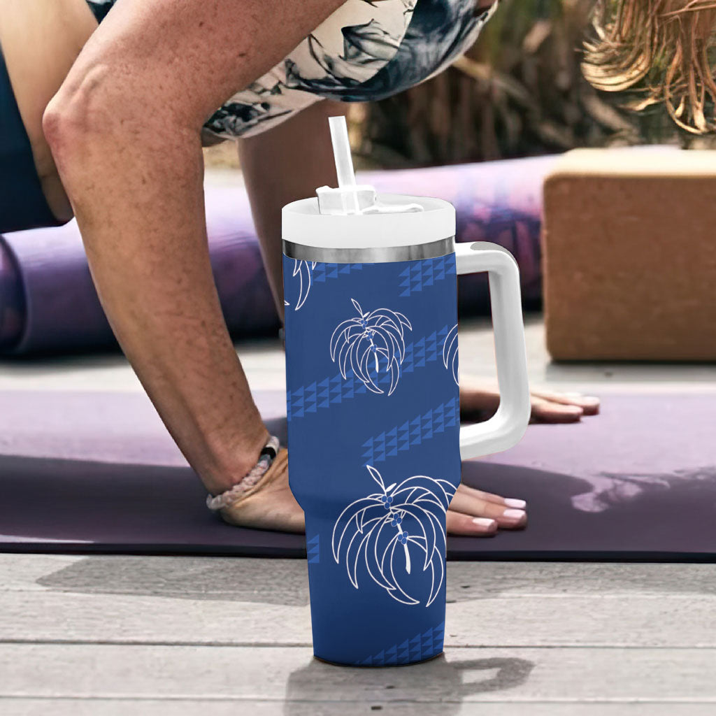 Aloha Hawaii Acacia Koa Leaves Tumbler With Handle Navy Kakau Tribal Pattern LT05 - Polynesian Pride