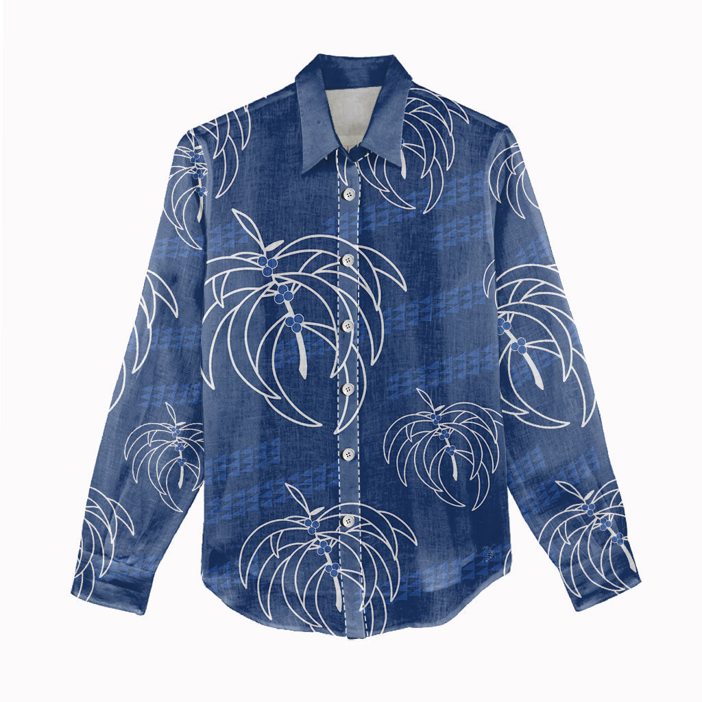 Aloha Hawaii Acacia Koa Leaves Women Casual Shirt Navy Kakau Tribal Pattern LT05 - Polynesian Pride