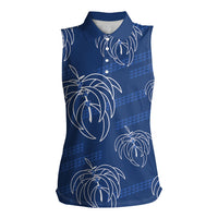Aloha Hawaii Acacia Koa Leaves Women Sleeveless Polo Shirt Navy Kakau Tribal Pattern LT05 Female Navy - Polynesian Pride