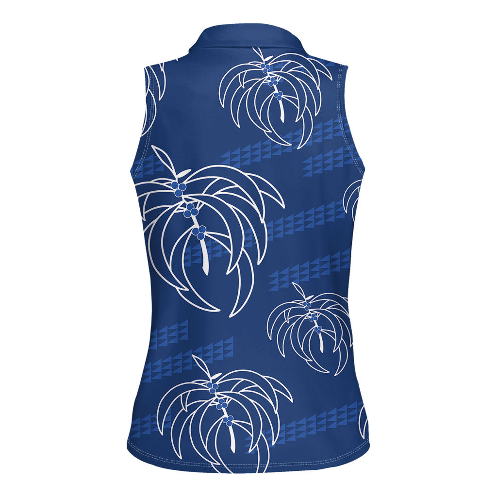 Aloha Hawaii Acacia Koa Leaves Women Sleeveless Polo Shirt Navy Kakau Tribal Pattern LT05 - Polynesian Pride