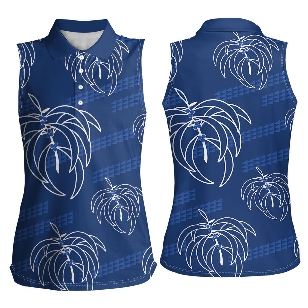 Aloha Hawaii Acacia Koa Leaves Women Sleeveless Polo Shirt Navy Kakau Tribal Pattern LT05 - Polynesian Pride