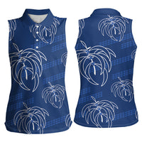 Aloha Hawaii Acacia Koa Leaves Women Sleeveless Polo Shirt Navy Kakau Tribal Pattern LT05 - Polynesian Pride