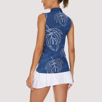 Aloha Hawaii Acacia Koa Leaves Women Sleeveless Polo Shirt Navy Kakau Tribal Pattern LT05 - Polynesian Pride