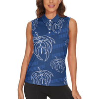 Aloha Hawaii Acacia Koa Leaves Women Sleeveless Polo Shirt Navy Kakau Tribal Pattern LT05 - Polynesian Pride