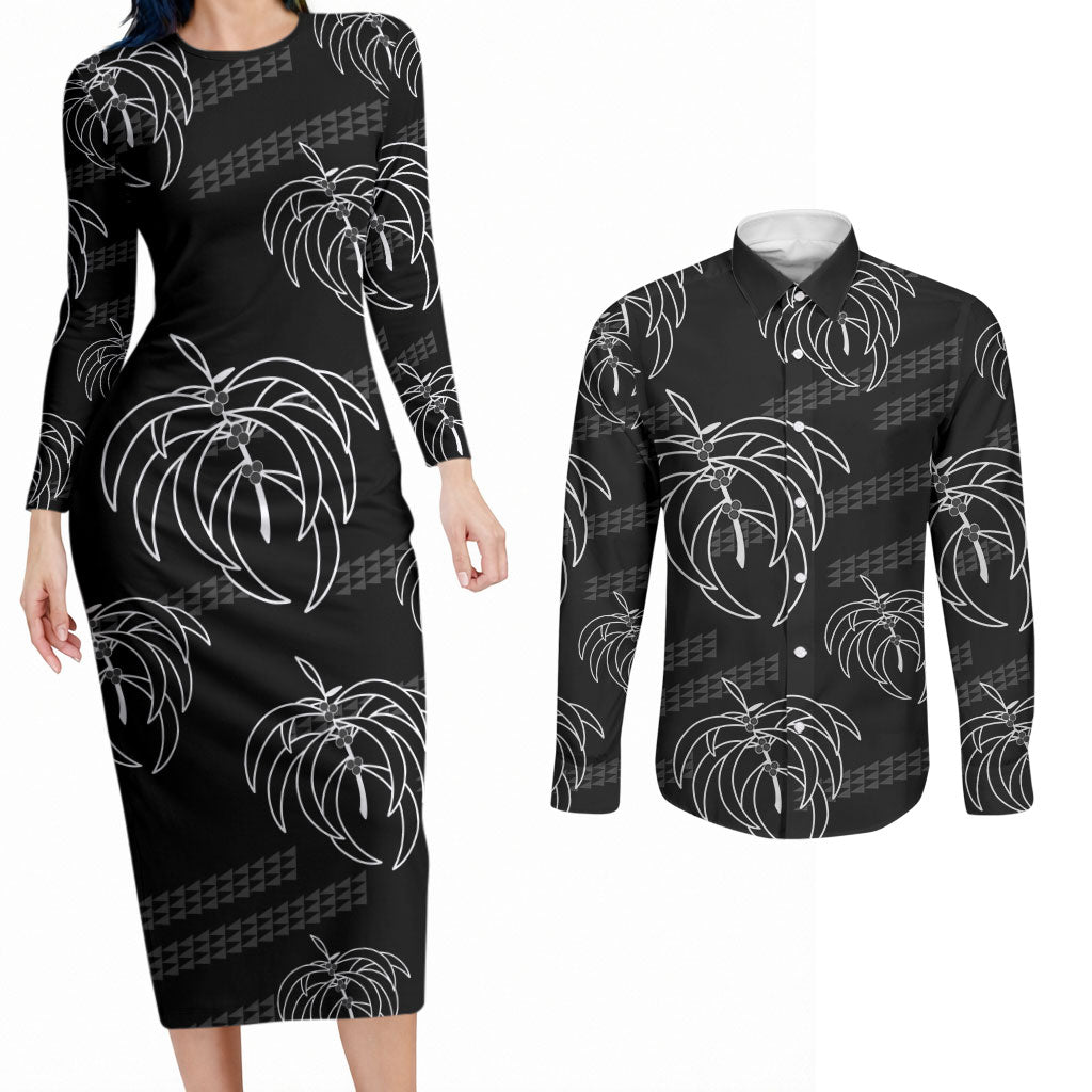 Aloha Hawaii Acacia Koa Leaves Couples Matching Long Sleeve Bodycon Dress and Long Sleeve Button Shirt Black Kakau Tribal Pattern
