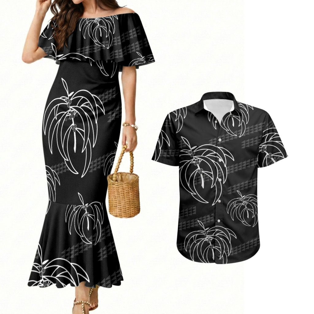 Aloha Hawaii Acacia Koa Leaves Couples Matching Mermaid Dress and Hawaiian Shirt Black Kakau Tribal Pattern