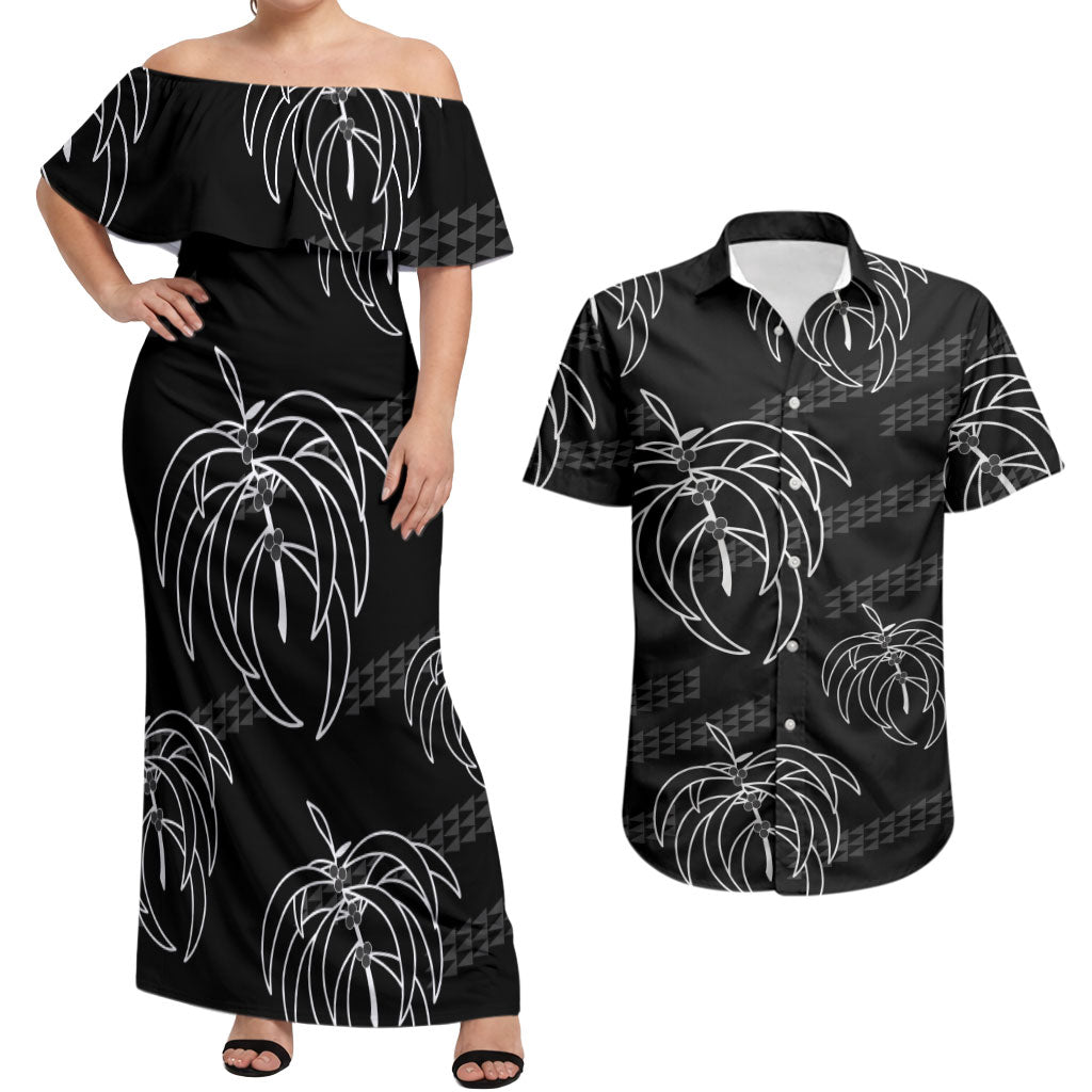 Aloha Hawaii Acacia Koa Leaves Couples Matching Off Shoulder Maxi Dress and Hawaiian Shirt Black Kakau Tribal Pattern