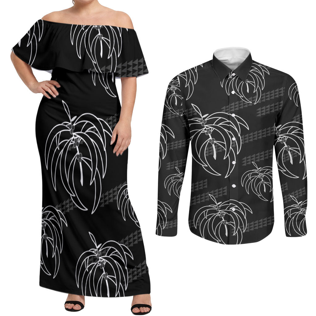 Aloha Hawaii Acacia Koa Leaves Couples Matching Off Shoulder Maxi Dress and Long Sleeve Button Shirt Black Kakau Tribal Pattern LT05 Black - Polynesian Pride