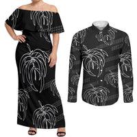 Aloha Hawaii Acacia Koa Leaves Couples Matching Off Shoulder Maxi Dress and Long Sleeve Button Shirt Black Kakau Tribal Pattern LT05 Black - Polynesian Pride
