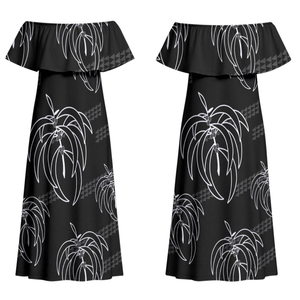 Aloha Hawaii Acacia Koa Leaves Couples Matching Off Shoulder Maxi Dress and Long Sleeve Button Shirt Black Kakau Tribal Pattern LT05 - Polynesian Pride