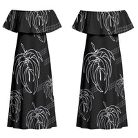 Aloha Hawaii Acacia Koa Leaves Couples Matching Off Shoulder Maxi Dress and Long Sleeve Button Shirt Black Kakau Tribal Pattern LT05 - Polynesian Pride