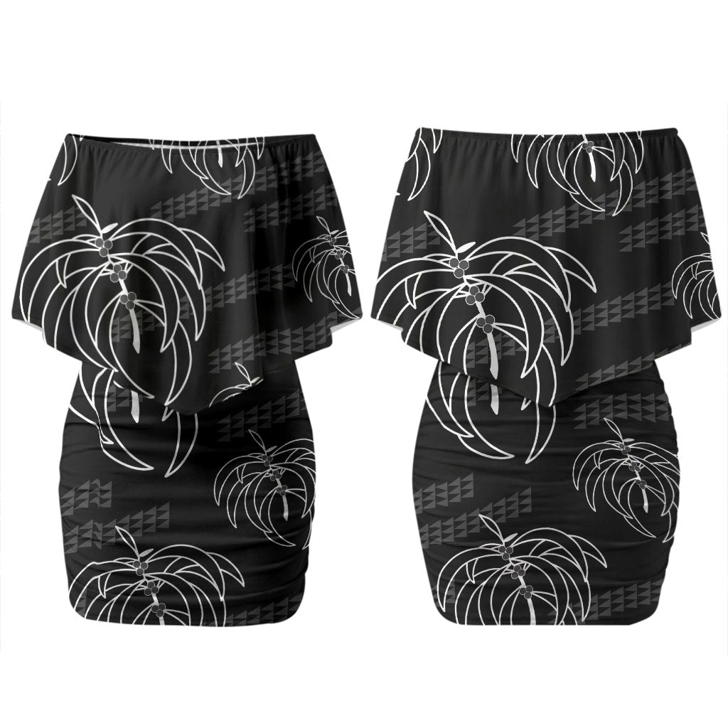 Aloha Hawaii Acacia Koa Leaves Couples Matching Off Shoulder Short Dress and Long Sleeve Button Shirt Black Kakau Tribal Pattern LT05 - Polynesian Pride