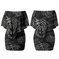 Aloha Hawaii Acacia Koa Leaves Couples Matching Off Shoulder Short Dress and Long Sleeve Button Shirt Black Kakau Tribal Pattern LT05 - Polynesian Pride