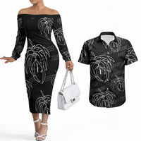 Aloha Hawaii Acacia Koa Leaves Couples Matching Off The Shoulder Long Sleeve Dress and Hawaiian Shirt Black Kakau Tribal Pattern LT05 Black - Polynesian Pride