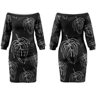 Aloha Hawaii Acacia Koa Leaves Couples Matching Off The Shoulder Long Sleeve Dress and Hawaiian Shirt Black Kakau Tribal Pattern LT05 - Polynesian Pride