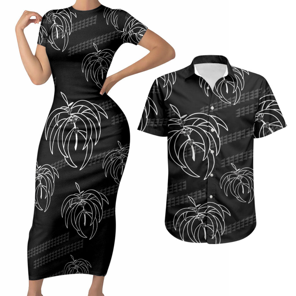 Aloha Hawaii Acacia Koa Leaves Couples Matching Short Sleeve Bodycon Dress and Hawaiian Shirt Black Kakau Tribal Pattern LT05 Black - Polynesian Pride