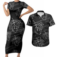 Aloha Hawaii Acacia Koa Leaves Couples Matching Short Sleeve Bodycon Dress and Hawaiian Shirt Black Kakau Tribal Pattern LT05 Black - Polynesian Pride