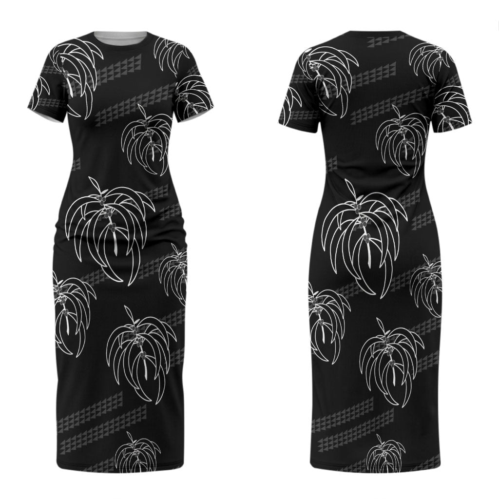 Aloha Hawaii Acacia Koa Leaves Couples Matching Short Sleeve Bodycon Dress and Hawaiian Shirt Black Kakau Tribal Pattern LT05 - Polynesian Pride