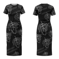 Aloha Hawaii Acacia Koa Leaves Couples Matching Short Sleeve Bodycon Dress and Hawaiian Shirt Black Kakau Tribal Pattern LT05 - Polynesian Pride
