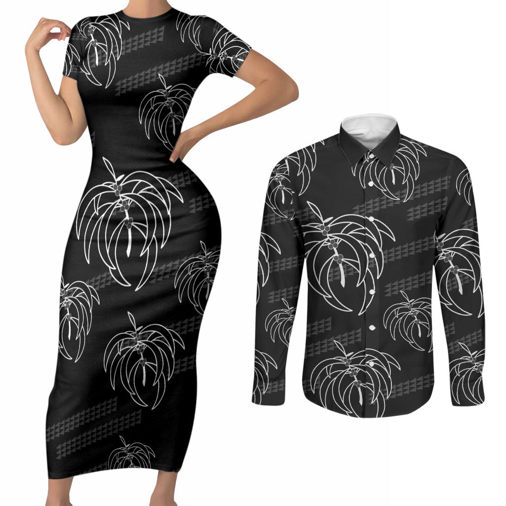 Aloha Hawaii Acacia Koa Leaves Couples Matching Short Sleeve Bodycon Dress and Long Sleeve Button Shirt Black Kakau Tribal Pattern