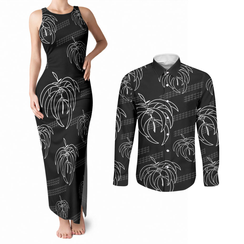 Aloha Hawaii Acacia Koa Leaves Couples Matching Tank Maxi Dress and Long Sleeve Button Shirt Black Kakau Tribal Pattern LT05 Black - Polynesian Pride