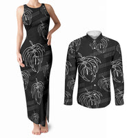 Aloha Hawaii Acacia Koa Leaves Couples Matching Tank Maxi Dress and Long Sleeve Button Shirt Black Kakau Tribal Pattern LT05 Black - Polynesian Pride