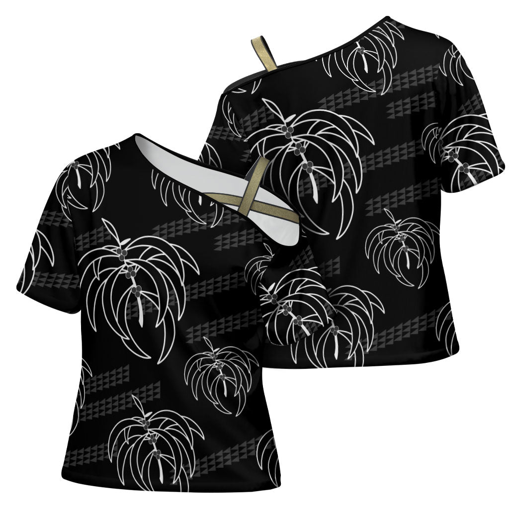 Aloha Hawaii Acacia Koa Leaves Cross Shoulder Shirt Black Kakau Tribal Pattern LT05 - Polynesian Pride