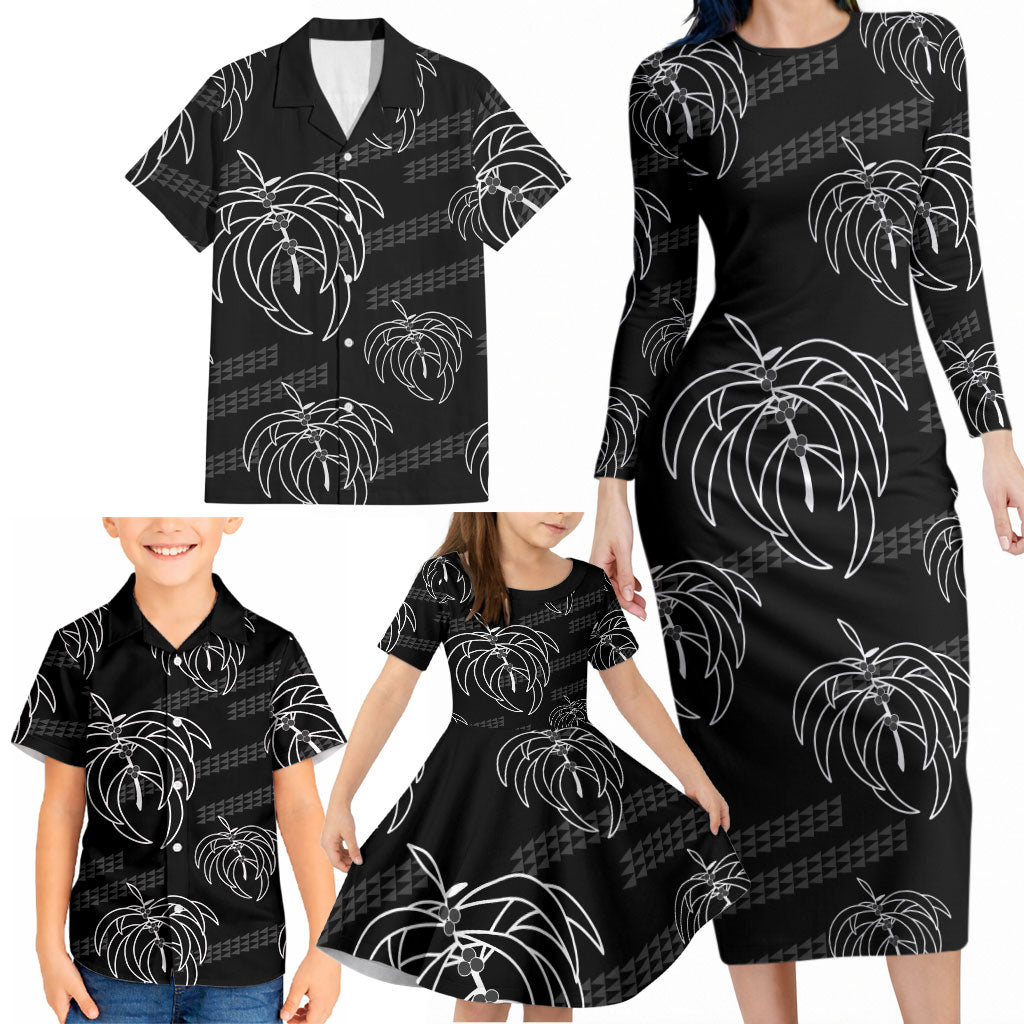 Aloha Hawaii Acacia Koa Leaves Family Matching Long Sleeve Bodycon Dress and Hawaiian Shirt Black Kakau Tribal Pattern LT05 - Polynesian Pride