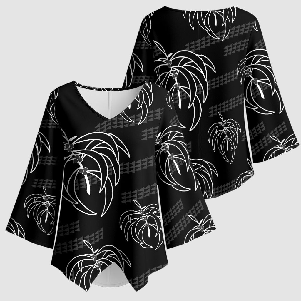 Aloha Hawaii Acacia Koa Leaves Kimono Sleeve Blouse Black Kakau Tribal Pattern LT05 - Polynesian Pride