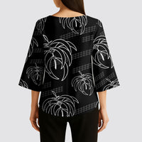 Aloha Hawaii Acacia Koa Leaves Kimono Sleeve Blouse Black Kakau Tribal Pattern LT05 - Polynesian Pride