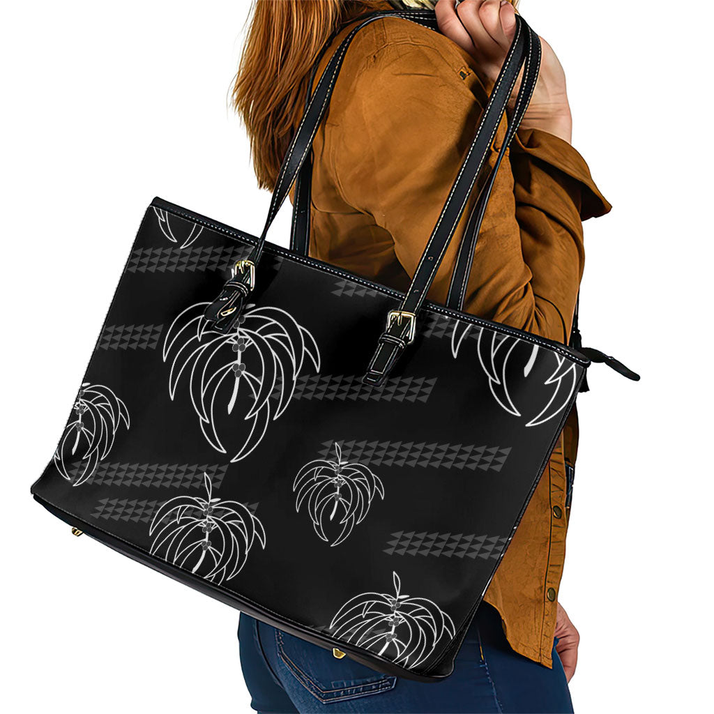 Aloha Hawaii Acacia Koa Leaves Leather Tote Bag Black Kakau Tribal Pattern LT05 - Polynesian Pride