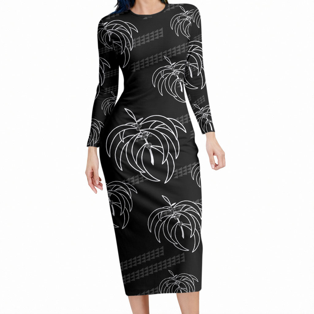 Aloha Hawaii Acacia Koa Leaves Long Sleeve Bodycon Dress Black Kakau Tribal Pattern