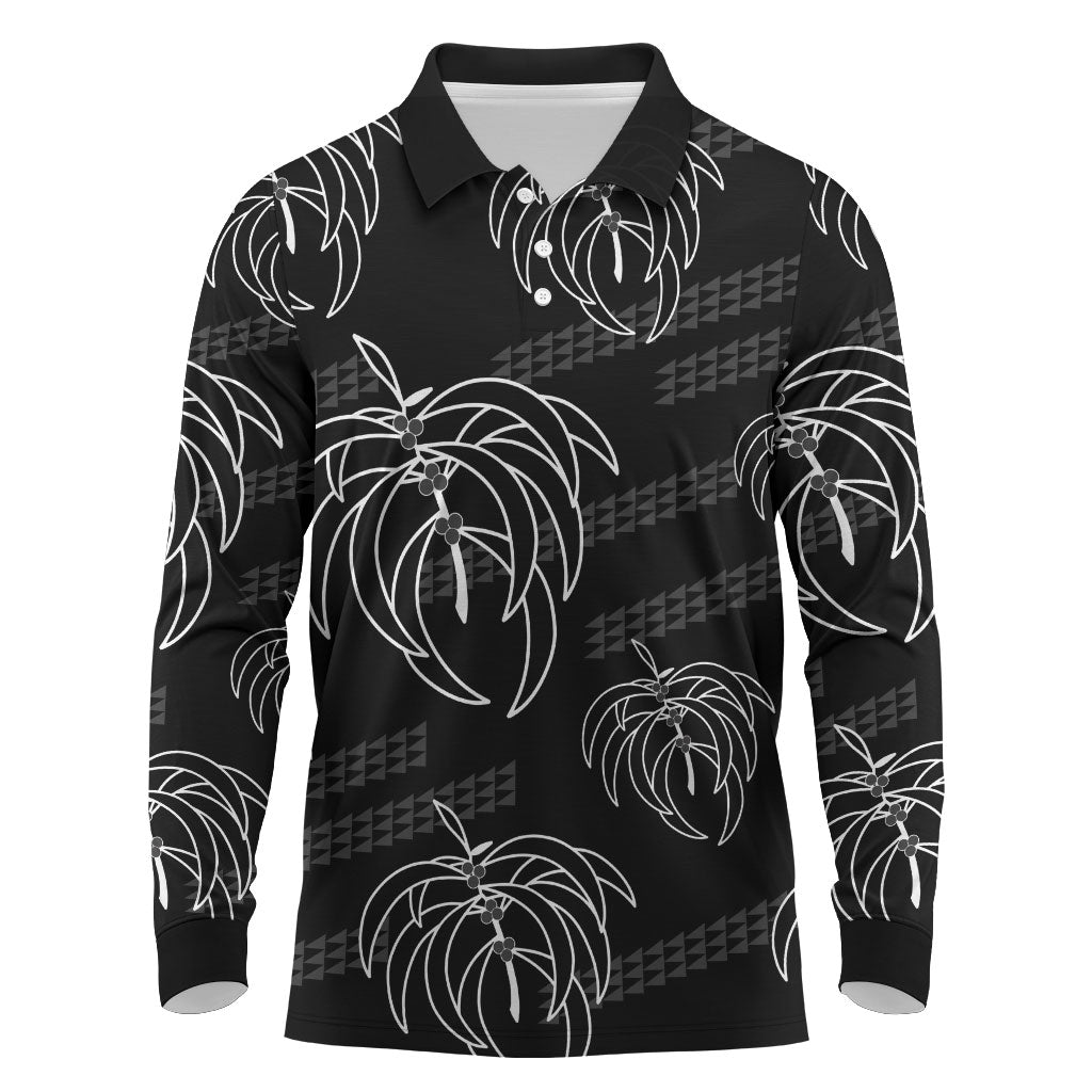 Aloha Hawaii Acacia Koa Leaves Long Sleeve Polo Shirt Black Kakau Tribal Pattern LT05 Black - Polynesian Pride