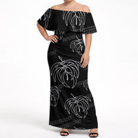 Aloha Hawaii Acacia Koa Leaves Off Shoulder Maxi Dress Black Kakau Tribal Pattern LT05 Women Black - Polynesian Pride