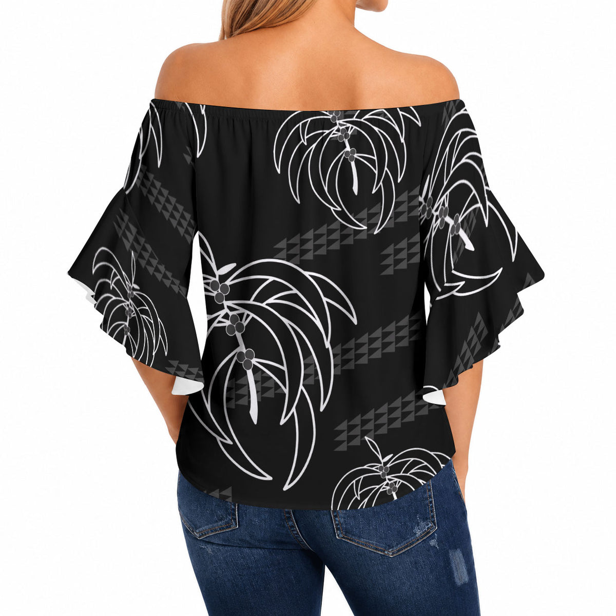 Aloha Hawaii Acacia Koa Leaves Off Shoulder Wrap Waist Top Black Kakau Tribal Pattern LT05 - Polynesian Pride