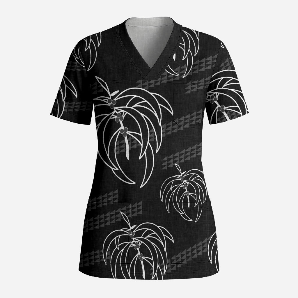 Aloha Hawaii Acacia Koa Leaves Scrub Top Black Kakau Tribal Pattern LT05 Adult Black - Polynesian Pride