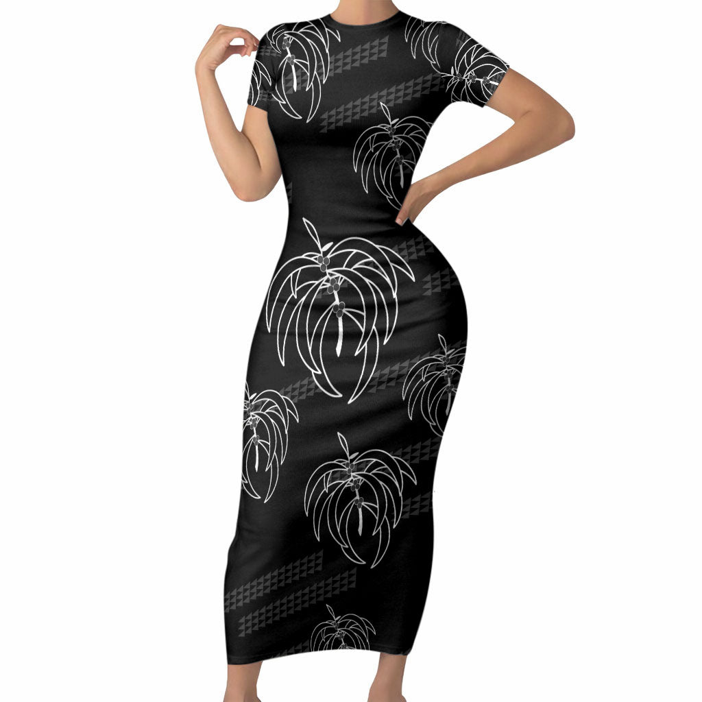 Aloha Hawaii Acacia Koa Leaves Short Sleeve Bodycon Dress Black Kakau Tribal Pattern LT05 Long Dress Black - Polynesian Pride