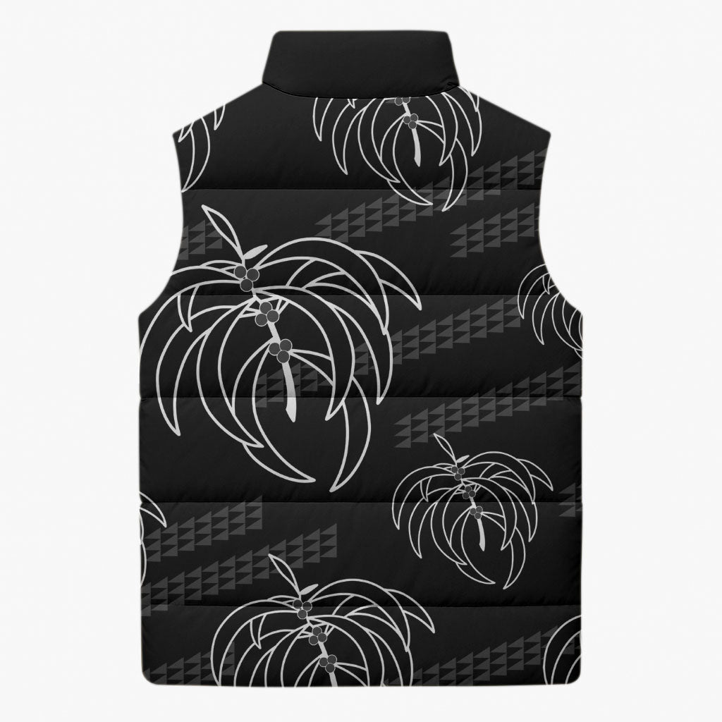 Aloha Hawaii Acacia Koa Leaves Sleeveless Puffer Jacket Black Kakau Tribal Pattern LT05 - Polynesian Pride